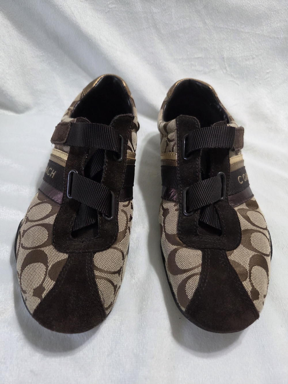 9.5 COACH Authentic "Jenney" Brown and Gold Sneakers with Velcro Closure